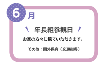 ６月　年長組参観日　お家の方々に観ていただきます。その他：園外保育（交通指導）